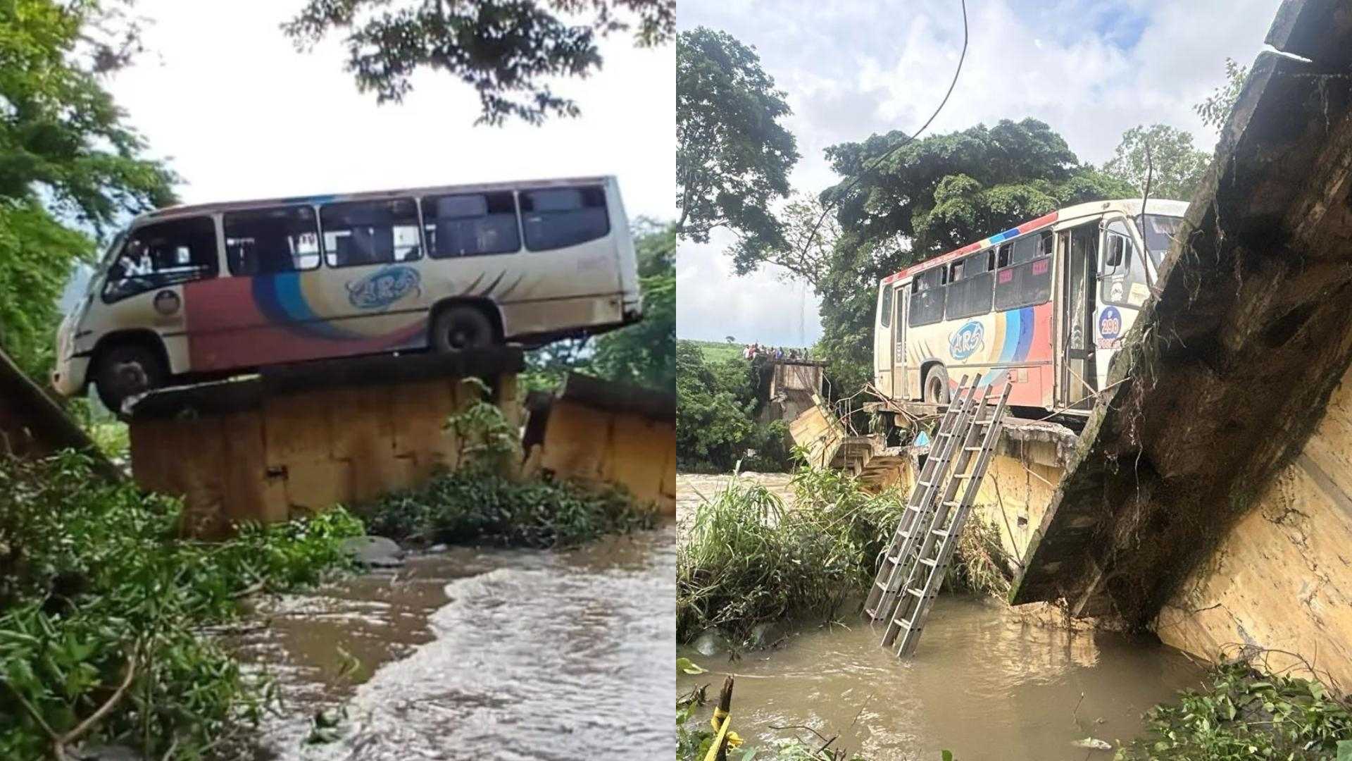 Colapsa puente con autobús de pasaje en Tenejapan