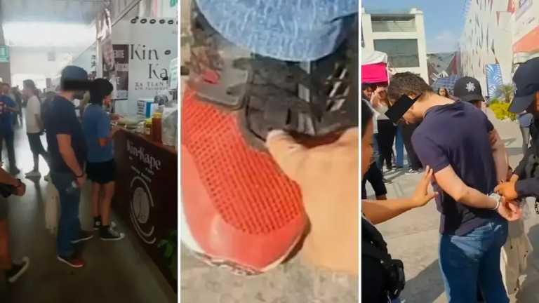 Con una cámara en su tenis, este hombre fue descubierto grabando bajo la falda de una joven en la Feria de Puebla y fue detenido por la policía.