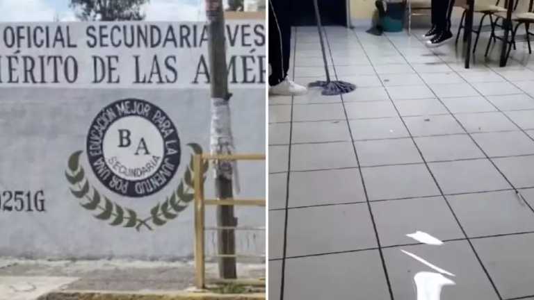 Estudiantes tuvieron que sacar el agua del salón por la inundación en la Secundaria "Benemérito de las Américas" en la Col. Cleotilde Torres en Puebla.