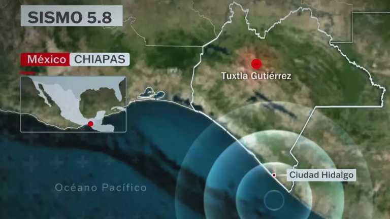 Un sismo de magnitud 5.8 se registró a las 08:46 de la mañana, informó el SSN. El epicentro fue 79 kilómetros al suroeste de Ciudad Hidalgo, Chiapas