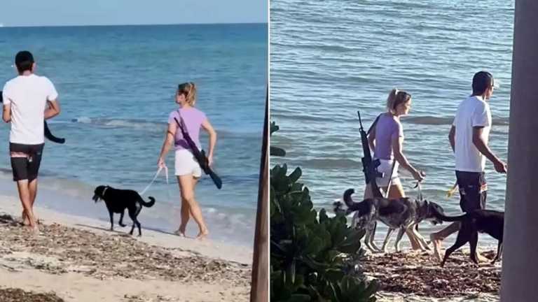 En Yucatán, fue captada una mujer que porta un rifle mientras pasea con su pareja y dos perros, lo que causó temor entre las personas que estaban en la playa