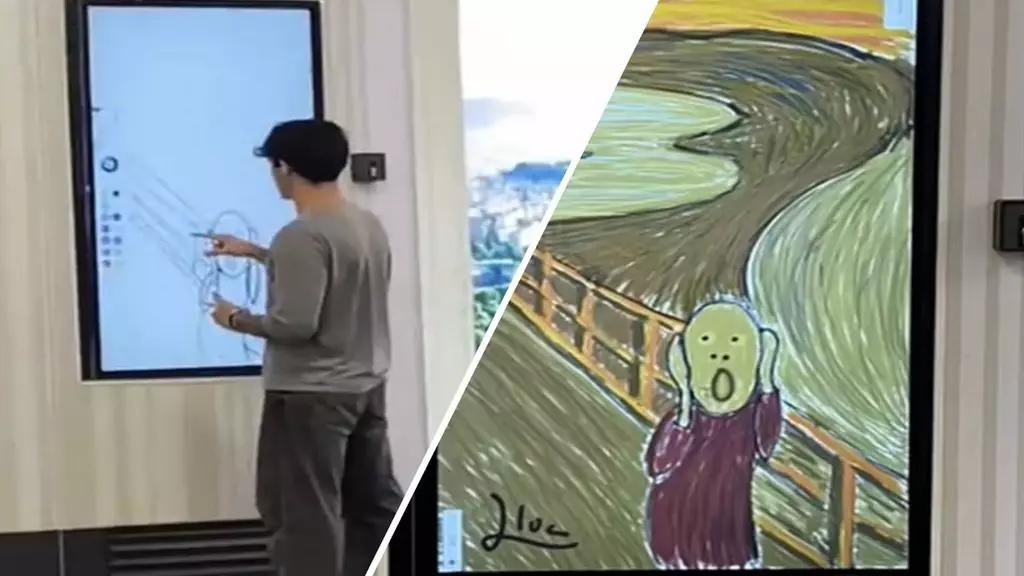 Artista Callejero Dibuja "El Grito" de Munch en Pantalla de Aeropuerto