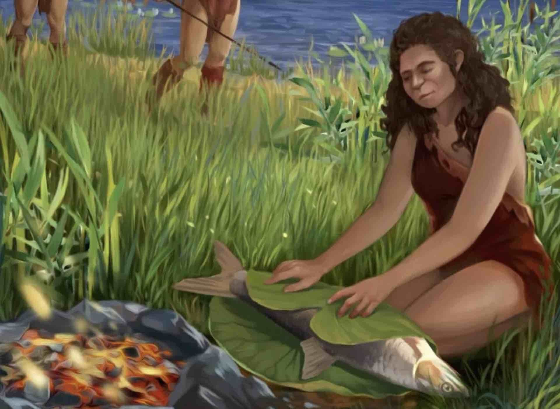 Ilustración de Homo Erectus cocinando pescado