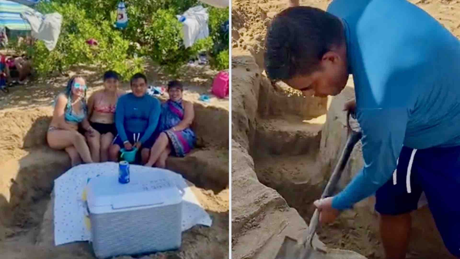 Familia hace mesa de arena para no rentar una en la playa