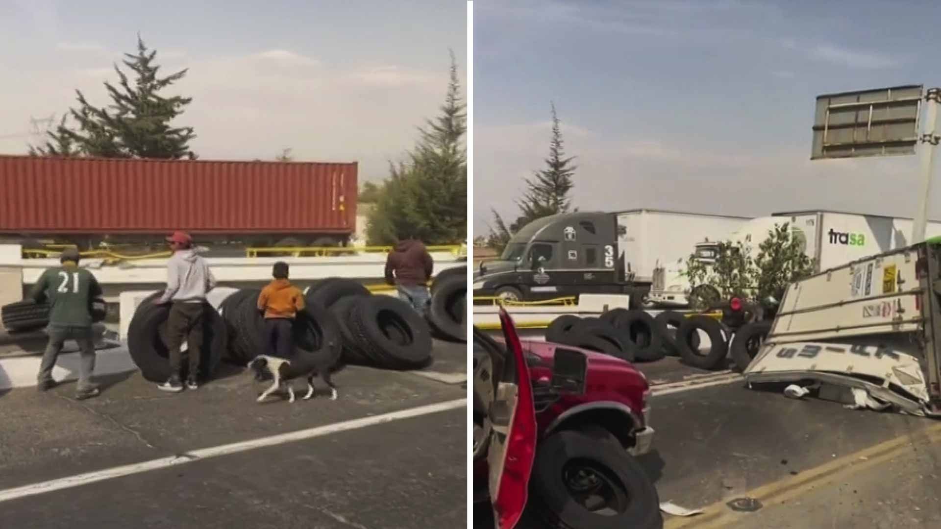 Rapiña a tráiler volcado que llevaba llantas en Edomex 