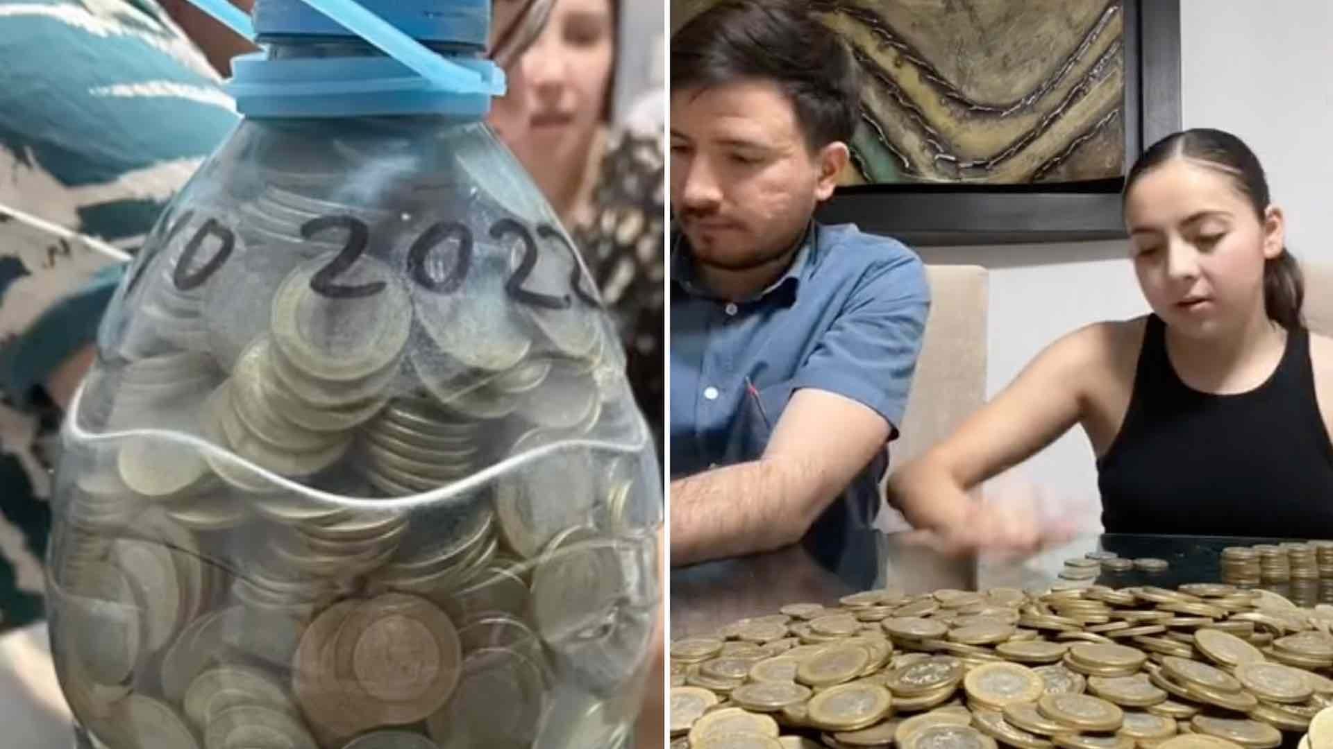 Regalan bote lleno de monedas de diez pesos a novios para su boda