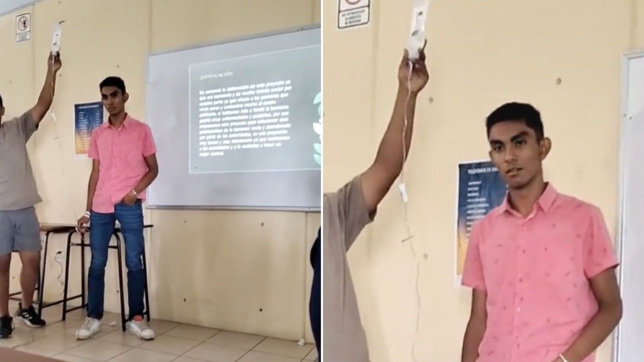 ¡Cumplidor! Estudiante Hace Exposición Conectado a un Suero