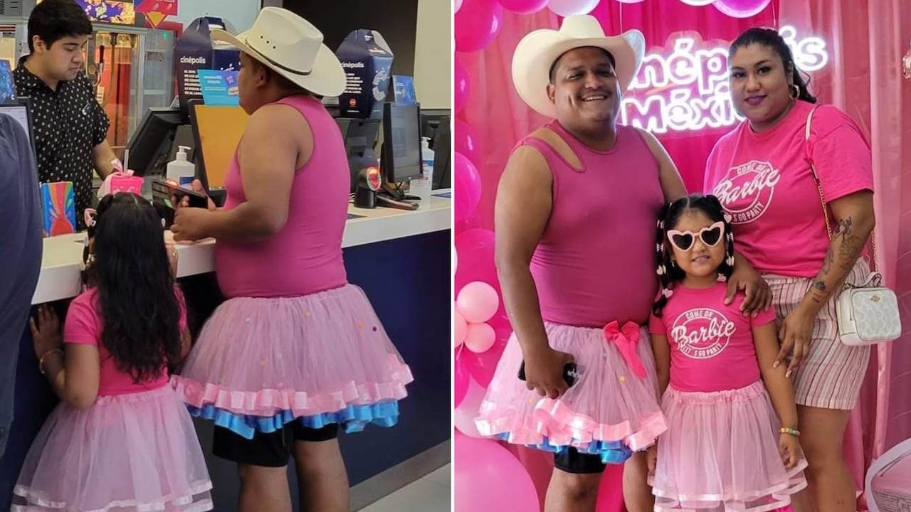 Papá se viste como su hija para ir a ver Barbie en Nuevo Laredo