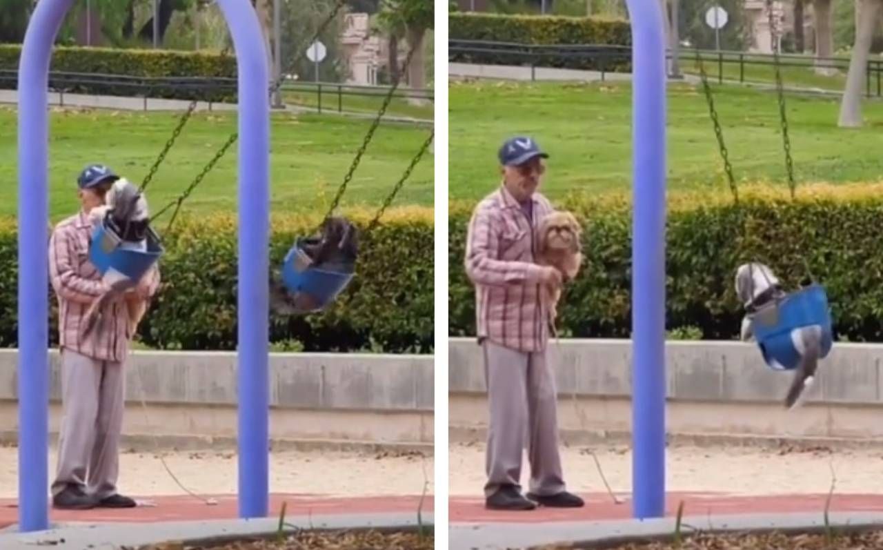 Video | ¡Qué Ternura! ‘Abuelito’ Columpia sus Mascotas en el Parque