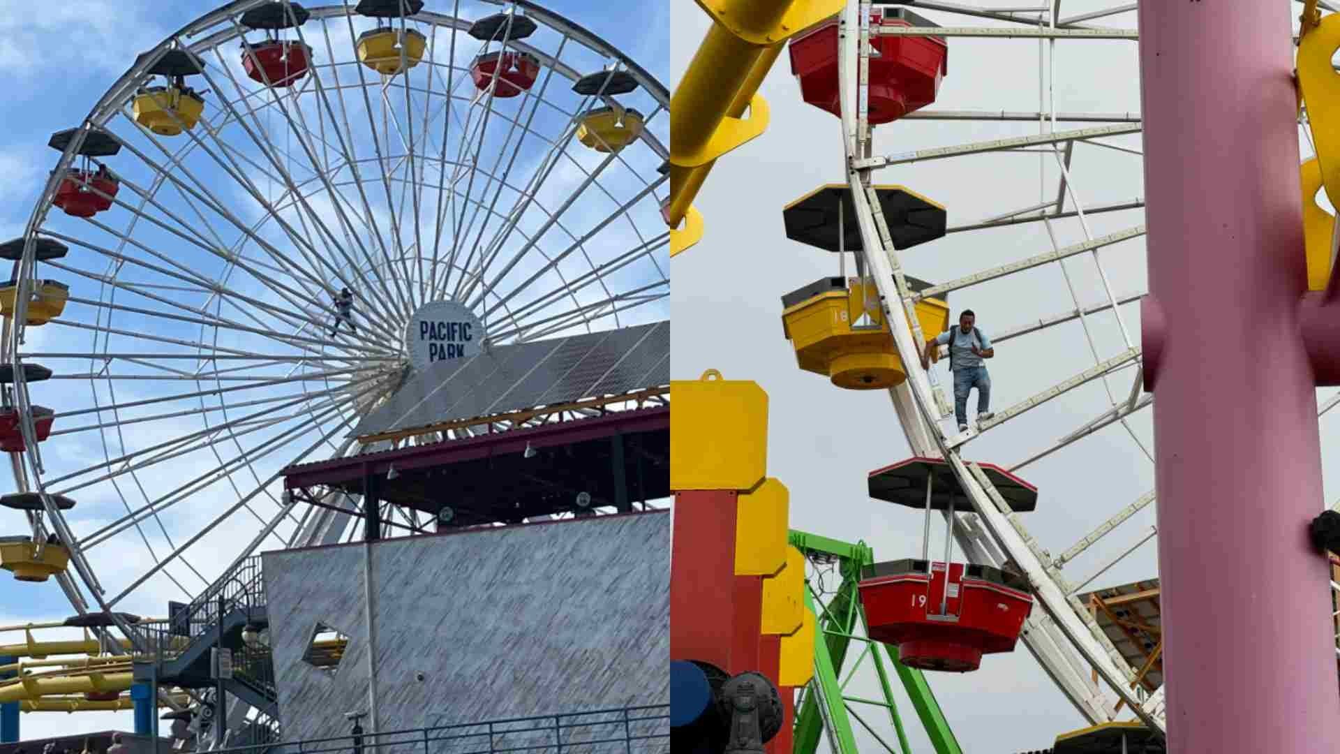 Un hombre escaló esta rueda de la fortuna y amenazó con estallar una bomba, en el muelle de Santa Mónica, California