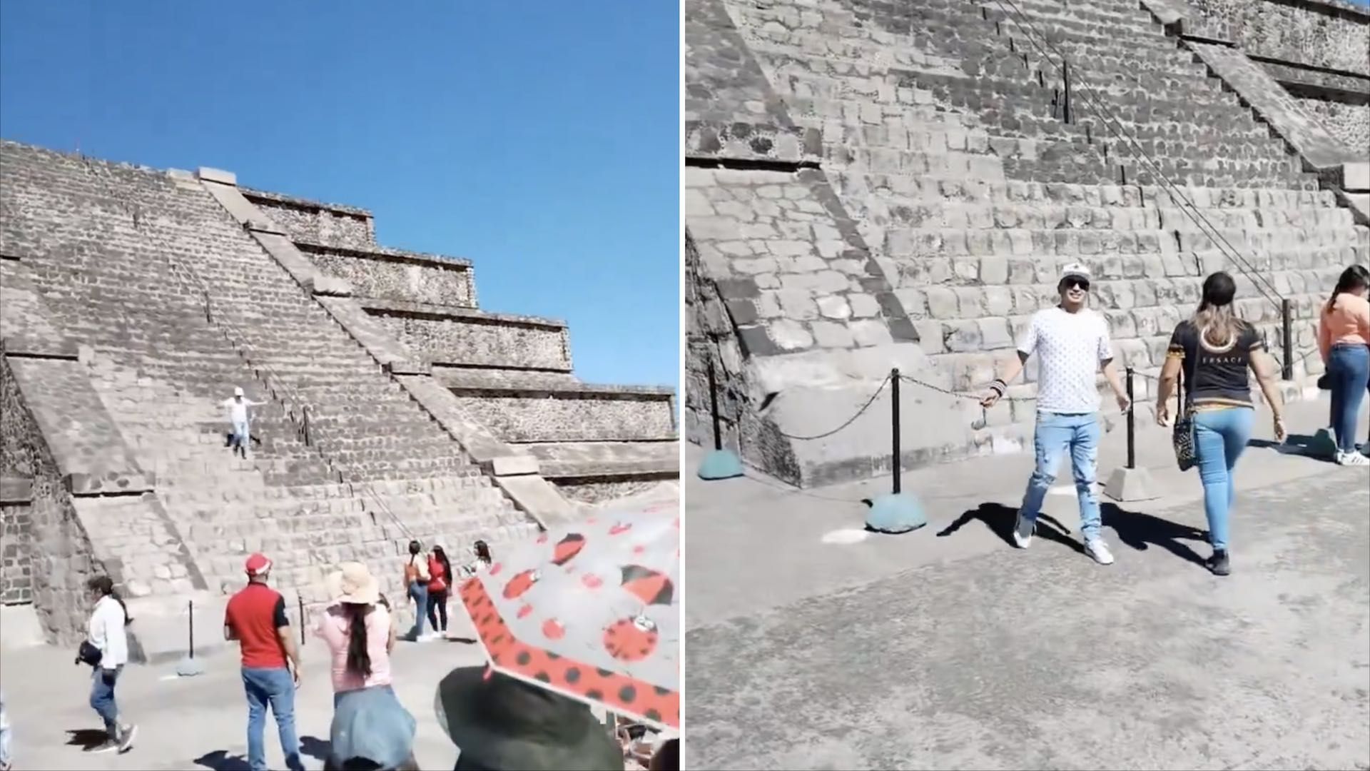 Bajan a turista de pirámide en Teotihuacán