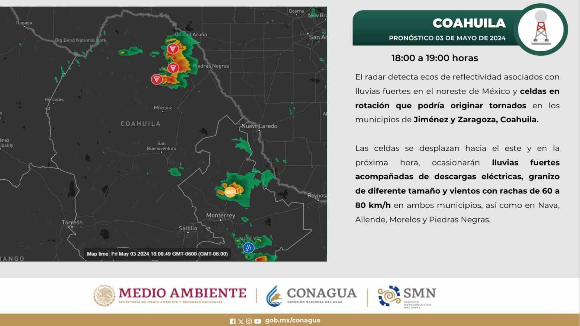 Conagua alertó a la población sobre el posible tornado. 