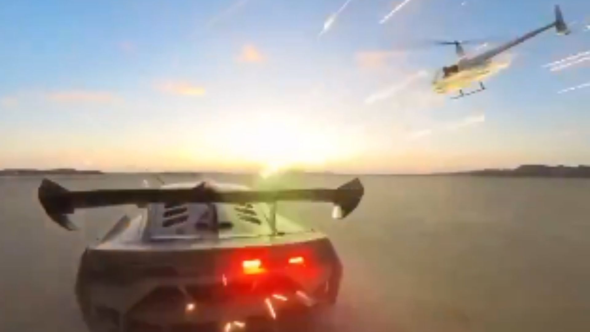 Alex Choi filmó a dos mujeres disparando fuegos artificiales desde un helicóptero en el aire contra un Lamborghini 