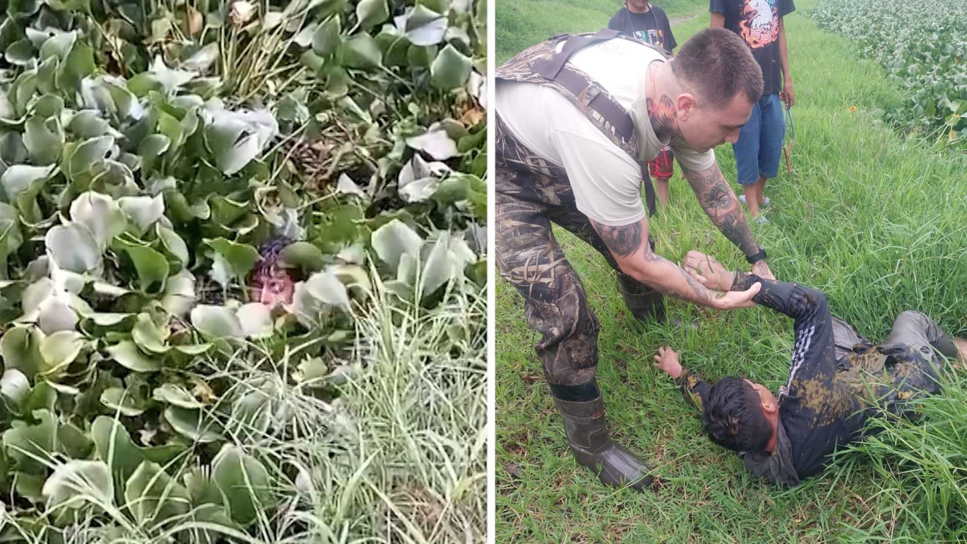 El hombre cayó al canal de agua y se enredó en el lirio.