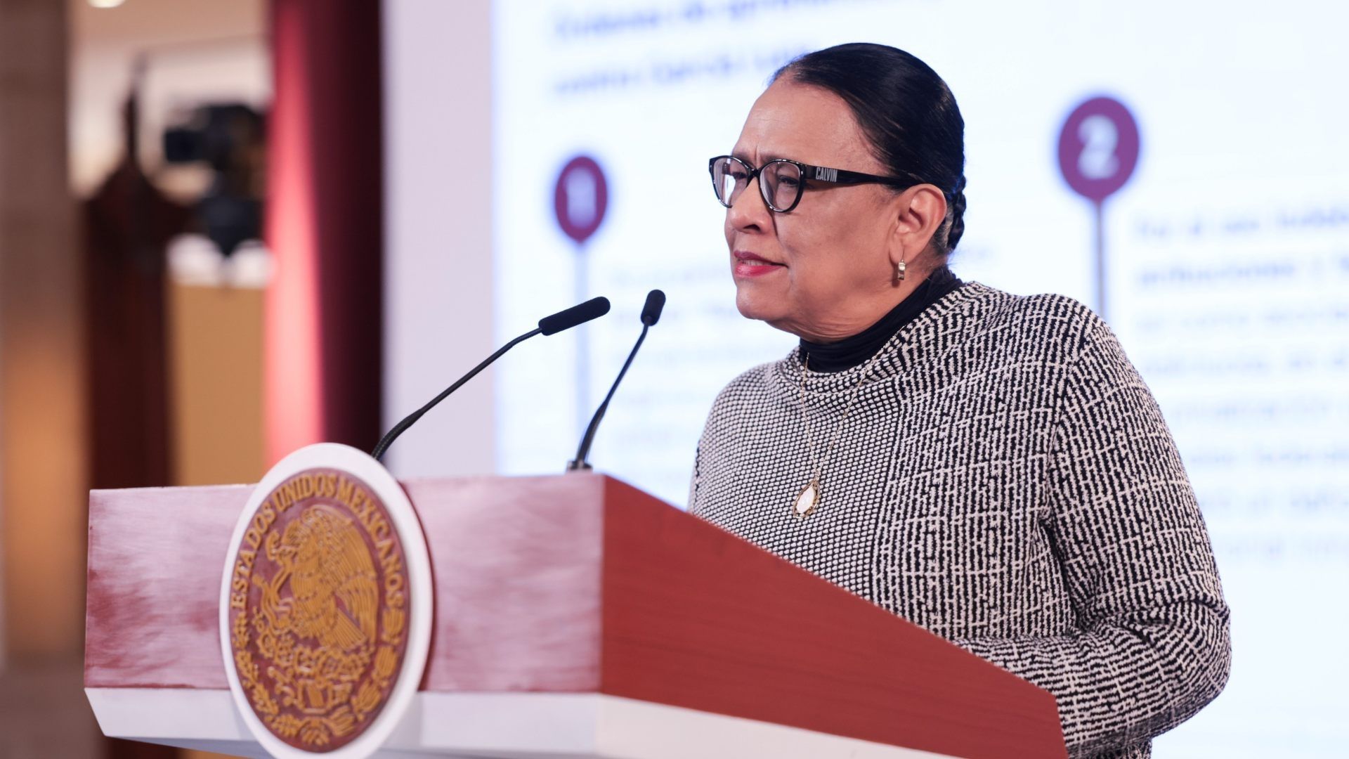 Rosa Icela Rodríguez durante la conferencia mañanera de la presidenta Claudia Sheinbaum