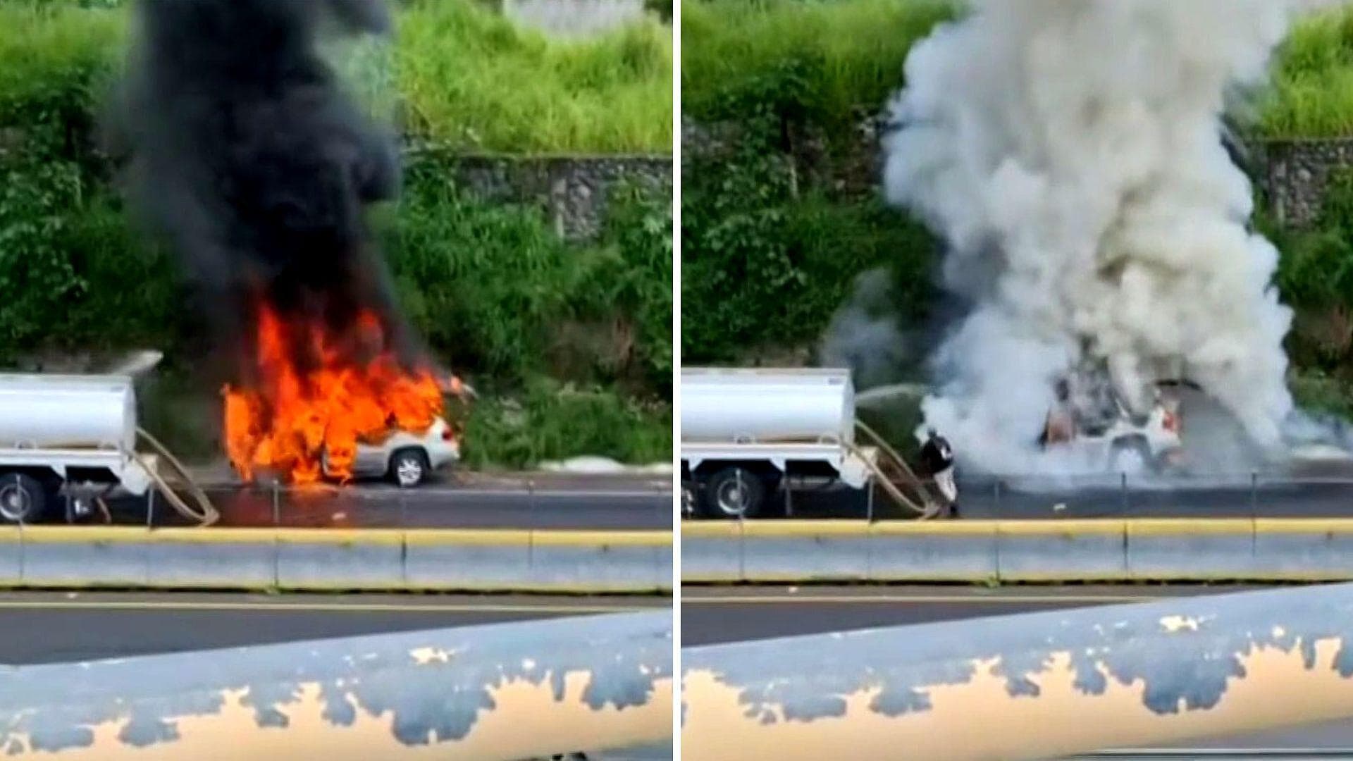 VIDEO: Tripulantes de Pipa Apagan Vehículo en Llamas en Autopista de Sol, Morelos